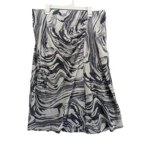 A New Day Midi Slip Skirt XXL White Blue Swirl Ruched Satin Slit High‎ Rise Work
